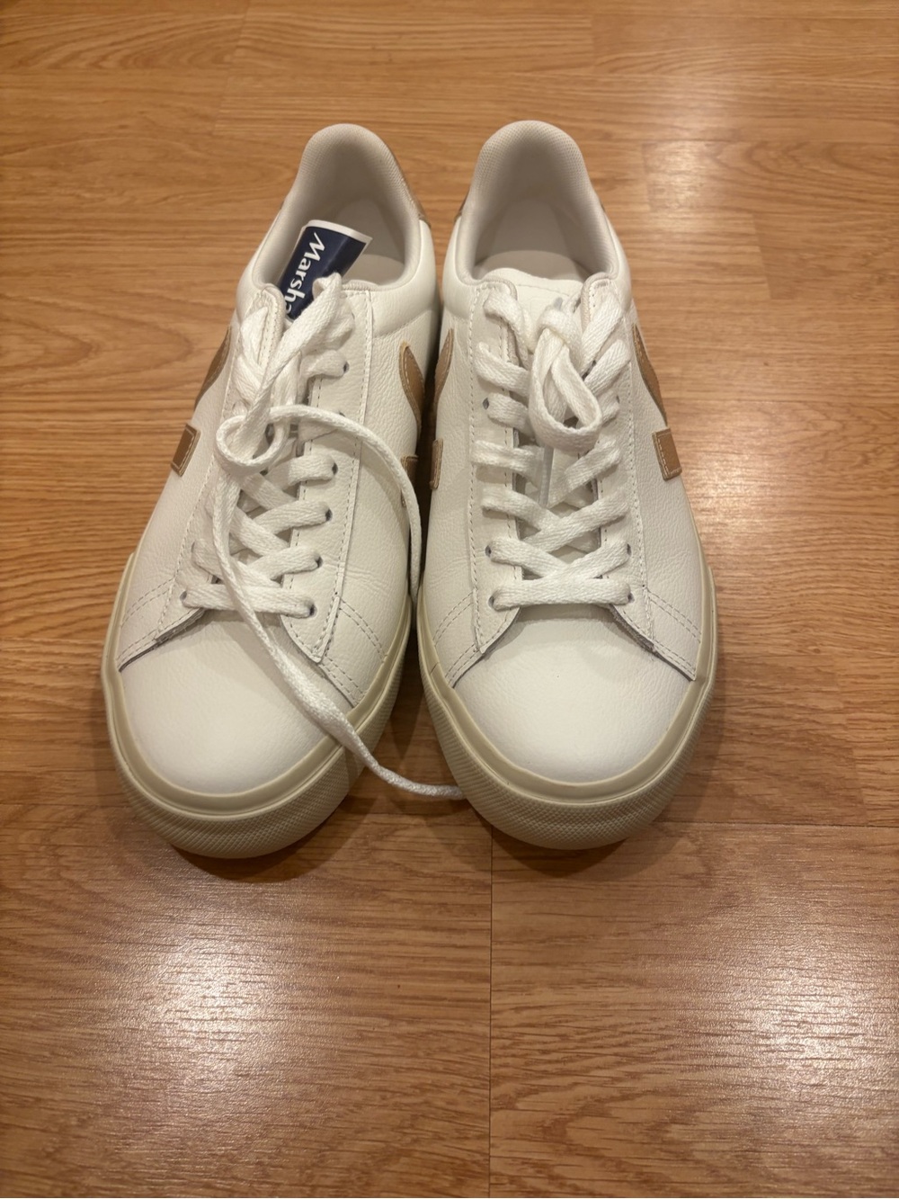 Veja White Leather Low-Top Sneakers with Gold V Accent - Picture 2 of 6